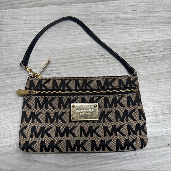 Michael Kors Jet Set Travel Double Zip Wristlet Logo MK Print Black - Picture 2 of 16